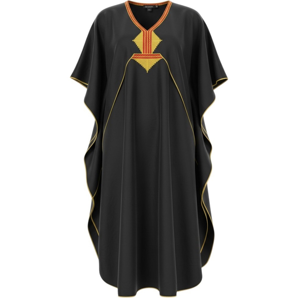 J. Peterman Co Black Cotton Kaftan Dress Handmade Morocco Gold Red Embroidery OS